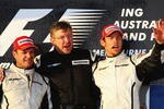 MELBOURNE, AUSTRALIA - MARCH 29:  Race winner Jenson Button (right) of Great Britain and Brawn GP celebrates with Team Principal Ross Brawn (centre), second placed Rubens Barrichello (left) of Brazil and Brawn GP after the Australian Formula One Grand Prix at the Albert Park Circuit on March 29, 2009 in Melbourne, Australia.  (Photo by Mark Thompson/Getty Images)
