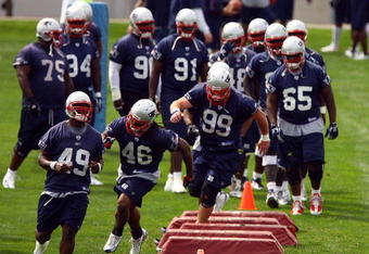 FOXBORO, MA - JUNE 14:  The New England Patriots run a drill during practice at the New England Patriots Mini Camp June 14, 2006 at Gillette Stadium in Foxboro, Massachusetts. (Photo by Al Bello/Getty Images)