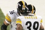 DETROIT - FEBRUARY 05:  Running back Willie Parker #39 of the Pittsburgh Steelers celebrates with Jerome Bettis #36 after scoring on a Super Bowl record 75 yard touchdown run in the third quarter against the Seattle Seahawks in Super Bowl XL at Ford Field on February 5, 2006 in Detroit, Michigan.  (Photo by Elsa/Getty Images)