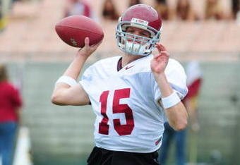 LOS ANGELES, CA - APRIL 19: Quarterback Aaron Corp #15 of the USC Trojans white team warms up before the spring practice game at Los Angeles Memorial Coliseum on April 19, 2008 in Los Angeles, California. (Photo by Matt Kincaid/Getty Images) 