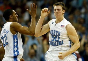 CHARLOTTE, NC - MARCH 15:  Tyler Hansbrough #50 of the North Carolina Tar Heels reacts with teammate Wayne Ellington #22 after Hansbrough made the game-winning shot with .8 seconds left against the Virginia Tech Hokies during the semifinals of the 2008 Men's ACC Basketball Tournament at Bobcats Arena on March 15, 2008 in Charlotte, North Carolina.  (Photo by Kevin C. Cox/Getty Images)