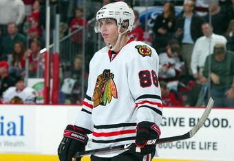 NEWARK, NJ - MARCH 17:  Patrick Kane #88 of the Chicago Blackhawks skates against the New Jersey Devils at the Prudential Center on March 17, 2009 in Newark, New Jersey.  The Devils defeated the Blackhawks 3-2.(Photo by Jim McIsaac/Getty Images)