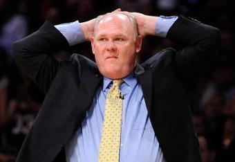 LOS ANGELES, CA - MAY 21:  Head coach George Karl of the Denver Nuggets reatcs in the fourth quarter against the Los Angeles Lakers in Game Two of the Western Conference Finals during the 2009 NBA Playoffs at Staples Center on May 21, 2009 in Los Angeles, California. NOTE TO USER: User expressly acknowledges and agrees that, by downloading and or using this photograph, User is consenting to the terms and conditions of the Getty Images License Agreement.  (Photo by Kevork Djansezian/Getty Images)