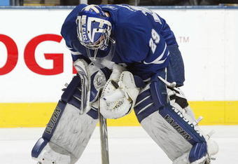 TORONTO, ON - OCTOBER 13:  Joey MacDonald #29 of the Toronto Maple Leafs shows his dejection in a game against the Colorado Avalanche on October 13, 2009 at the Air Canada Centre in Toronto, Ontario. The Avalanche defeated the Leafs 4-1. (Photo by Claus Andersen/Getty Images)
