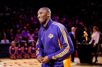 LOS ANGELES, CA - OCTOBER 27:  Kobe Bryant #24 of the Los Angeles Lakers smiles after receiving his championship ring before the season opening game against the Los Angeles Clippers at Staples Center on October 27, 2009 in Los Angeles, California.  NOTE TO USER: User expressly acknowledges and agrees that, by downloading and or using this photograph, User is consenting to the terms and conditions of the Getty Images License Agreement. Mandatory Copyright Notice: Copyright 2009 NBAE  (Photo by Kevork Djansezian/Getty Images)