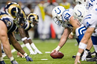 ST. LOUIS, MO - OCTOBER 25: Jeff Saturday #63 of the Indianapolis Colts lines up against the St. Louis Rams at the Edward Jones Dome on October 25, 2009 in St. Louis, Missouri.  The Colts beat the Rams 42-6.  (Photo by Dilip Vishwanat/Getty Images)