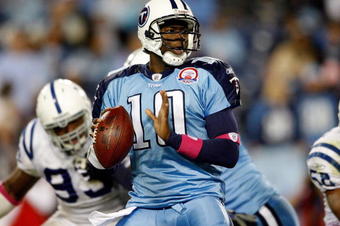 NASHVILLE, TN - OCTOBER 11:  Vince Young #10 of the Tennessee Titans throws the ball during the NFL game against the Indianapolis Colts at LP Field on October 11, 2009 in Nashville, Tennessee. The Colts defeated the Titans 31-9.  (Photo by Andy Lyons/Getty Images)