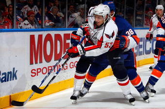 UNIONDALE, NY - OCTOBER 24:  Quintin Laing #53 of the Washington Capitals skates against the New York Islanders on October 24, 2009 at Nassau Coliseum in Uniondale, New York. The Capitals won the game 3-2 in overtime.  (Photo by Jim McIsaac/Getty Images)