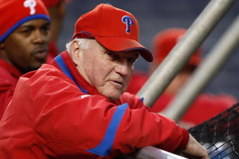 NEW YORK - OCTOBER 27:  Manager Charlie Manuel of the Philadelphia Phillies watches his team practice during World Series workouts on October 27, 2009 at Yankee Stadium in the Bronx borough of New York City.  (Photo by Jared Wickerham/Getty Images)