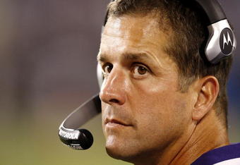 CHARLOTTE, NC - AUGUST 29: John Harbaugh, head coach of the Baltimore Ravens looks on from the sidelines during their preseason game against the Carolina Panthers at Bank of America Stadium on August 29, 2009 in Charlotte, North Carolina. (Photo by Streeter Lecka/Getty Images)