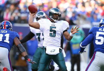 EAST RUTHERFORD, NJ - JANUARY 11:  Quarterback Donovan McNabb #5 of the Philadelphia Eagles passes the ball during the NFC Divisional Playoff Game against the New York Giants on January 11, 2009 at Giants Stadium in East Rutherford, New Jersey.  The Eagles defeated the Giants 23-11. (Photo by Al Bello/Getty Images)