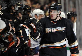 ANAHEIM, CA - OCTOBER 30:  Bobby Ryan #9 of the Anaheim Ducks celebrates his goal with the bench against the Vancouver Canucks during the third period at the Honda Center on October 30, 2009 in Anaheim, California.  (Photo by Harry How/Getty Images)