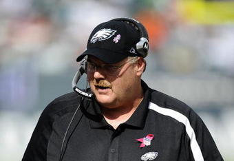 PHILADELPHIA - OCTOBER 11:  Andy Reid, head coach of the Philadelphia Eagles works on the sideline against the Tampa Bay Buccaneers at Lincoln Financial Field on October 11, 2009 in Philadelphia, Pennsylvania.  (Photo by Jeff Zelevansky/Getty Images)