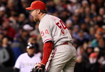 DENVER - OCTOBER 12:  Brad Lidge #54 of the Philadelphia Phillies celebrates after defeating the Colorado Rockies in Game Four of the NLDS during the 2009 MLB Playoffs at Coors Field on October 12, 2009 in Denver, Colorado.  (Photo by Jed Jacobsohn/Getty Images)