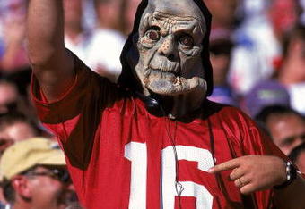 31 Oct 1999: A fan of the Arizona Cardinals dresses up in a scary halloween costume during the game against the New England Patriots at the Sun Devil Stadium in Tempe, Arizona. The Patriots defeated the Cardinals 27-3. Mandatory Credit: Donald Miralle  /Allsport