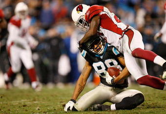 CHARLOTTE, NC - JANUARY 10: Dante Rosario #88 of the Carolina Panthers is tackled by Antrel Rolle #21 of the Arizona Cardinals during the NFC Divisional Playoff Game on January 10, 2009 at Bank of America Stadium in Charlotte, North Carolina.  (Photo by Kevin C. Cox/Getty Images)