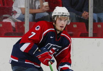 LAKE PLACID, NY - AUGUST 12:  Taylor Chorney #7 skates during USA Hockey's National Junior Evaluation Camp on August 12, 2006 at Herb Brooks Arena in Lake Placid, New York. (Photo by Jim McIsaac/Getty Images) 