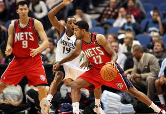 MINNEAPOLIS, MN - OCTOBER 28: Chris Douglas-Roberts #17 of the New Jersey Nets works his way around Wayne Ellington #19 of the Minnesota Timberwolves as Yi Jianlian #9 of the Nets looks on in the first quarter at the Target Center on October 28, 2009 in Minneapolis, Minnesota. (Photo by Genevieve Ross/Getty Images)