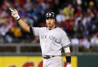 PHILADELPHIA - OCTOBER 31:  Alex Rodriguez #13 of the New York Yankees asks for review of his two-run home run against the Philadelphia Phillies in Game Three of the 2009 MLB World Series at Citizens Bank Park on October 31, 2009 in Philadelphia, Pennsylvania.  (Photo by Nick Laham/Getty Images)