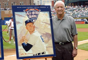 DETROIT - JULY 3:  Al Kaline, former Detroit Tiger and a hall of famer, takes part in a ceremony to unvail the covers for the 2005 All-Star game programs before the game between the New York Yankees and the Detroit Tigers on July 3, 2005 at Comerica Park in Detroit, Michigan. The Yankess defeated the Tigers 1-0.  (Photo by Dave Sandford/Getty Images)