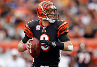 CINCINNATI - OCTOBER 25:  Carson Palmer #9 of the Cincinnati Bengals looks to pass the ball during the NFL game against the Chicago Bears at Paul Brown Stadium on October 25, 2009 in Cincinnati, Ohio.  The Bengals won 45-10.  (Photo by Andy Lyons/Getty Images)