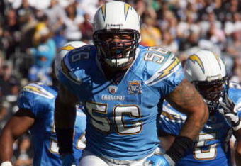 SAN DIEGO, CA - NOVEMBER 1:  Shawne Merriman #56 of the San Diego Chargers celebrates a sack during the first half against the Oakland Raiders on November 1, 2009 at Qualcomm Stadium in San Diego, California. (Photo By Donald Miralle/Getty Images)