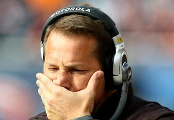 CHICAGO - NOVEMBER 01: Head coach Eric Mangini of the Cleveland Browns reacts as his team takes on the Chicago Bears at Soldier Field on November 1, 2009 in Chicago, Illinois. The Bears defeated the Browns 30-6. (Photo by Jonathan Daniel/Getty Images)