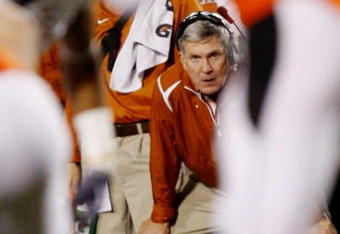 STILLWATER, OK - OCTOBER 31:  Head coach Mack Brown of the Texas Longhorns watches the action in the fourth quarter against the Oklahoma State Cowboys at Boone Pickens Stadium on October 31, 2009 in Stillwater, Oklahoma.  (Photo by Ronald Martinez/Getty Images)