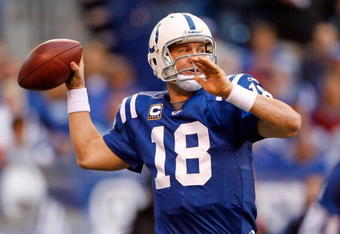INDIANAPOLIS - NOVEMBER 01:  Peyton Manning #18 of the Indianapolis Colts throws a pass during the NFL game against the San Francisco 49ers at Lucas Oil Stadium on November 1, 2009 in Indianapolis, Indiana.  (Photo by Andy Lyons/Getty Images)