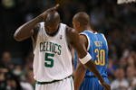 BOSTON - NOVEMBER 01:  Kevin Garnett #5 of the Boston Celtics bats himself on the head in the first half against the New Orleans Hornets at the TD Garden on November 1, 2009 in Boston, Massachusetts.  NOTE TO USER: User expressly acknowledges and agrees that, by downloading and or using this photograph, User is consenting to the terms and conditions of the Getty Images License Agreement.  (Photo by Elsa/Getty Images)