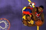 LOS ANGELES, CA - OCTOBER 27:  DJ Mbenga #28 of the Los Angeles Lakers and DeAndre Jordan #9 of the Los Angeles Clippers go for the rebound during the season opening game at Staples Center on October 27, 2009 in Los Angeles, California.  NOTE TO USER: User expressly acknowledges and agrees that, by downloading and or using this photograph, User is consenting to the terms and conditions of the Getty Images License Agreement. Mandatory Copyright Notice: Copyright 2009 NBAE  (Photo by Kevork Djansezian/Getty Images)