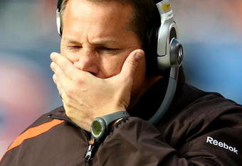 CHICAGO - NOVEMBER 01: Head coach Eric Mangini of the Cleveland Browns reacts as his team takes on the Chicago Bears at Soldier Field on November 1, 2009 in Chicago, Illinois. The Bears defeated the Browns 30-6. (Photo by Jonathan Daniel/Getty Images)