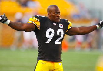 PITTSBURGH - AUGUST 29:  Linebacker James Harrison #92 of the Pittsburgh Steelers warms up before the game against the Buffalo Bills at Heinz Field on August 29, 2009 in Pittsburgh, Pennsylvania. (Photo by Gregory Shamus/Getty Images)