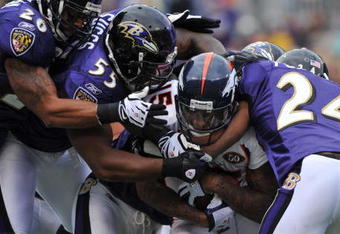 BALTIMORE - NOVEMBER 1:  Brandon Marshall #15 of the Denver Broncos runs the ball against the Baltimore Ravens at M&T Bank Stadium on November 1, 2009 in Baltimore, Maryland. (Photo by Larry French/Getty Images)