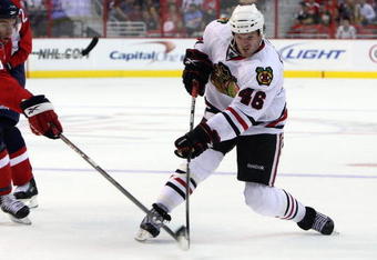 WASHINGTON DC, DC - SEPTEMBER 23:  Colin Fraser #46 of the Chicago Blackhawks skates against the Washington Capitals during their preseason game on September 23, 2009 at the Verizon Center in Washington, DC.  (Photo by Jim McIsaac/Getty Images)