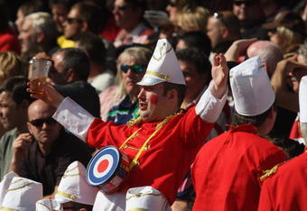 BIARRITZ, FRANCE - OCTOBER 17:  A Gloucester fan enjoys himself during the Heineken Cup match between Biarritz Olympique and Gloucester at Parc de Sports Aguilera  on October 17, 2009 in Biarritz, France.  (Photo by David Rogers/Getty Images)