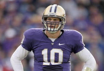 SEATTLE - OCTOBER 24: Quarterback Jake Locker #10 of the Washington Huskies looks to the sideline during the game against the Oregon Ducks on October 24, 2009 at Husky Stadium in Seattle, Washington. The Ducks defeated the Huskies 43-19. (Photo by Otto Greule Jr/Getty Images)