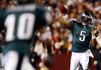 LANDOVER, MD - OCTOBER 26:  Donovan McNabb #5 of the Philadelphia Eagles passes to DeSean Jackson #10 during their game against the Washington Redskins at FedEx Field October 26, 2009 in Landover, Maryland.  The Eagles won the game 27-17.  (Photo by Win McNamee/Getty Images)
