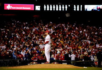 PHILADELPHIA - NOVEMBER 01:  Brad Lidge #54 of the Philadelphia Phillies stands on the mound in the top of the ninth inning against the New York Yankees in Game Four of the 2009 MLB World Series at Citizens Bank Park on November 1, 2009 in Philadelphia, Pennsylvania.  (Photo by Jeff Zelevansky/Getty Images)