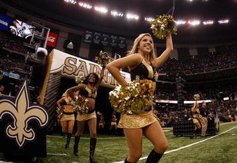 NEW ORLEANS - OCTOBER 18:  Members of the Saintsations cheerleaders of the New Orleans Saints perform their routine during the game against the New York Giants at the Louisiana Superdome on October 18, 2009 in New Orleans, Louisiana.  (Photo by Chris Graythen/Getty Images)