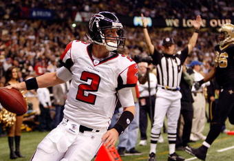 NEW ORLEANS - DECEMBER 07:  Quarterback Matt Ryan #2 of the Atlanta Falcons scores a touchdown against the New Orleans Saints on December 7, 2008 at the Superdome in New Orleans, Louisiana.   The Saints defeated the Falcons 29-25.  (Photo by Chris Graythen/Getty Images)