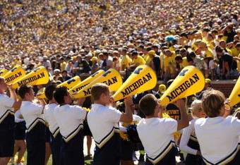 ANN ARBOR, MI - SEPTEMBER 19:  The Michigan Wolverines cheerleaders perform during the game with the Eastern Michigan Eagles at Michigan Stadium on September 19, 2009 in Ann Arbor, Michigan.  Michigan won 45-17.  (Photo by Stephen Dunn/Getty Images)