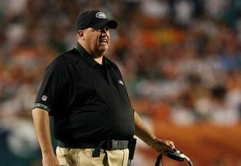 MIAMI - OCTOBER 12:  Head coach Rex Ryan of the New York Jets calls out to his defense while taking on the Miami Dolphins at Land Shark Stadium on October 12, 2009 in Miami, Florida.  (Photo by Doug Benc/Getty Images)