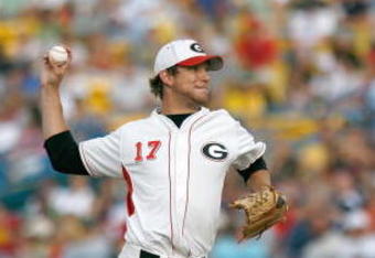 OMAHA, NE - JUNE 23: Trevor Holder #17 of the Georgia Bulldogs delivers a pitch against the Fresno State Bulldogs during Game 1 of the 2008 Men's College World Series Championship on June 23, 2008 at Rosenblatt Stadium in Omaha, Nebraska.  (Photo by Kevin C. Cox/Getty Images)