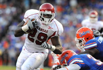 GAINESVILLE, FL - OCTOBER 17: Running back Broderick Green #29  of the Arkansas Razorbacks rushes upfield against the Florida Gators October 17, 2009 at Ben Hill Griffin Stadium in Gainesville, Florida.  (Photo by Al Messerschmidt/Getty Images)
