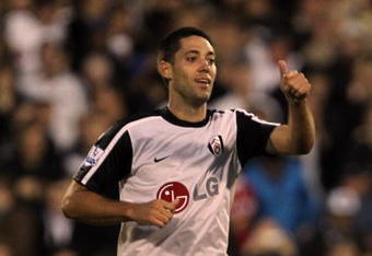 LONDON, ENGLAND - OCTOBER 31:  Clint Dempsey of Fulham celebrates his goal during the Barclays Premier League match between Fulham and Liverpool at Craven Cottage on October 31, 2009 in London, England.  (Photo by Clive Rose/Getty Images)