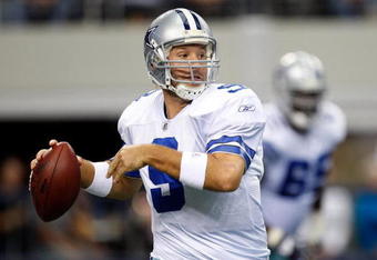 ARLINGTON, TX - NOVEMBER 01:  Quarterback Tony Romo #9 of the Dallas Cowboys drops back to pass against the Seattle Seahawks at Cowboys Stadium on November 1, 2009 in Arlington, Texas.  (Photo by Ronald Martinez/Getty Images)
