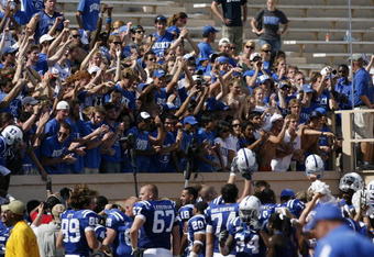 DURHAM, NC - SEPTEMBER 13:  Duke Blue Devils fans cheer during the game against the Navy Midshipmen at Wallace Wade Stadium on September 13, 2008 in Durham, North Carolina.  (Photo by Kevin C. Cox/Getty Images)