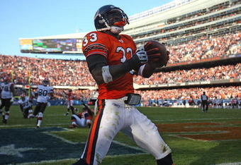 CHICAGO - NOVEMBER 01: Charelss Tillman #33 of the Chicago Bears celebrates after returning an interception for a touchdown against the Cleveland Browns at Soldier Field on November 1, 2009 in Chicago, Illinois. The Bears defeated the Browns 30-6. (Photo by Jonathan Daniel/Getty Images)