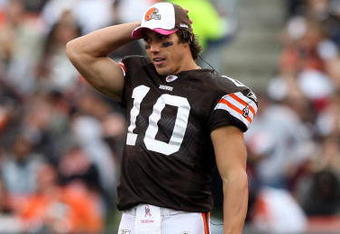 CLEVELAND - OCTOBER 04:  Brady Quinn #10 of the Cleveland Browns looks on against the Cincinnati Bengals during their game at Cleveland Browns Stadium on October 4, 2009 in Cleveland, Ohio. The Bengals defeated the Browns 23-20 in overtime.  (Photo by Jim McIsaac/Getty Images)